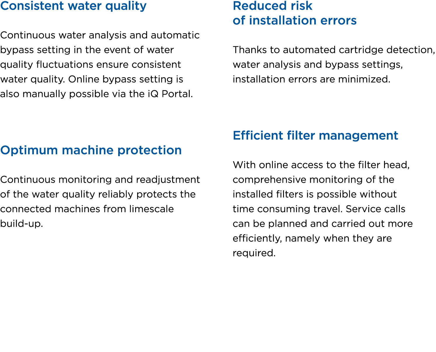 Consistent water quality Continuous water analysis and automatic bypass setting in the event of water quality fluctua...