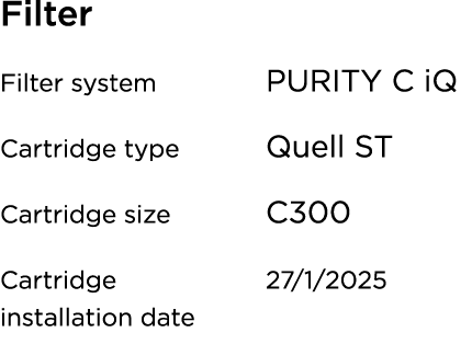Filter Filter system PURITY C iQ Cartridge type Quell ST Cartridge size C300 Cartridge 27/1/2025 installation date