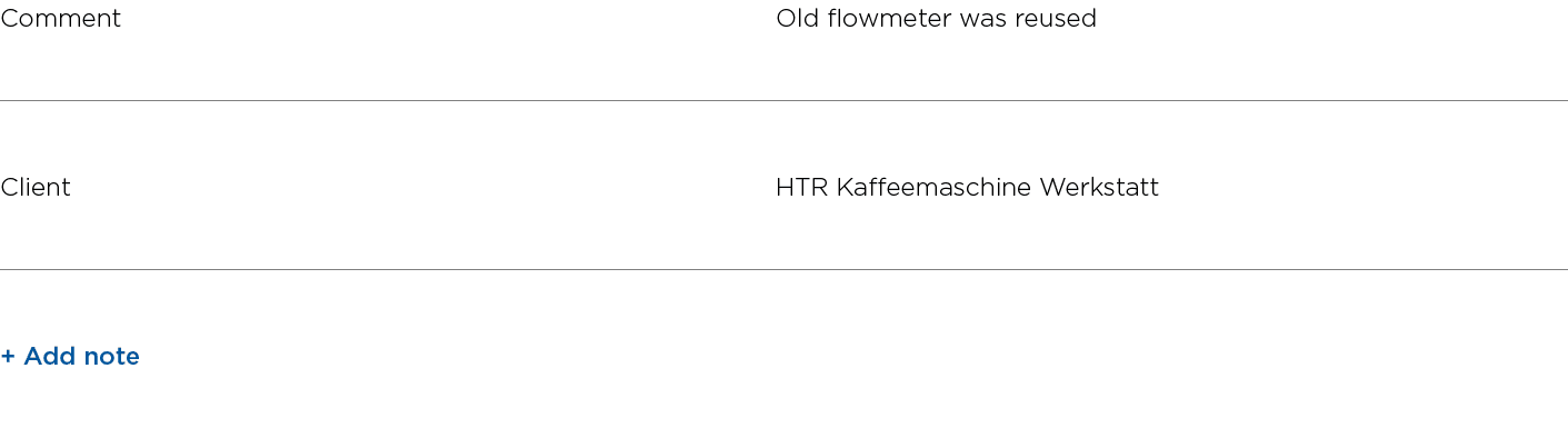 Comment Old flowmeter was reused Client HTR Kaffeemaschine Werkstatt + Add note