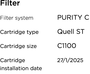 Filter Filter system PURITY C Cartridge type Quell ST Cartridge size C1100 Cartridge 27/1/2025 installation date